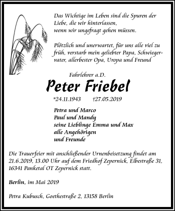 Traueranzeige von Peter Friebel von Ostthüringer Zeitung