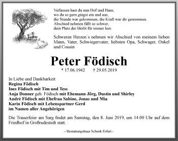 Traueranzeige von Peter Födisch von Thüringer Allgemeine, Thüringische Landeszeitung