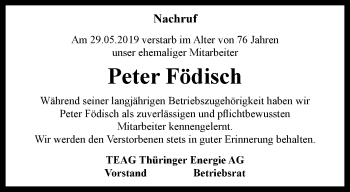 Traueranzeige von Peter Födisch von Thüringer Allgemeine, Thüringische Landeszeitung