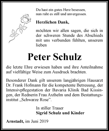 Traueranzeige von Peter Schulz von Thüringer Allgemeine
