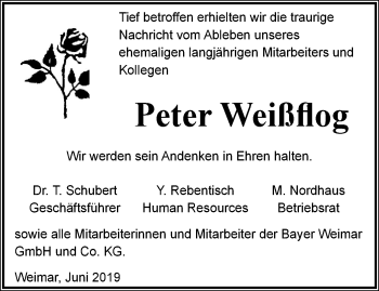 Traueranzeige von Peter Weißflog von Thüringer Allgemeine, Thüringische Landeszeitung