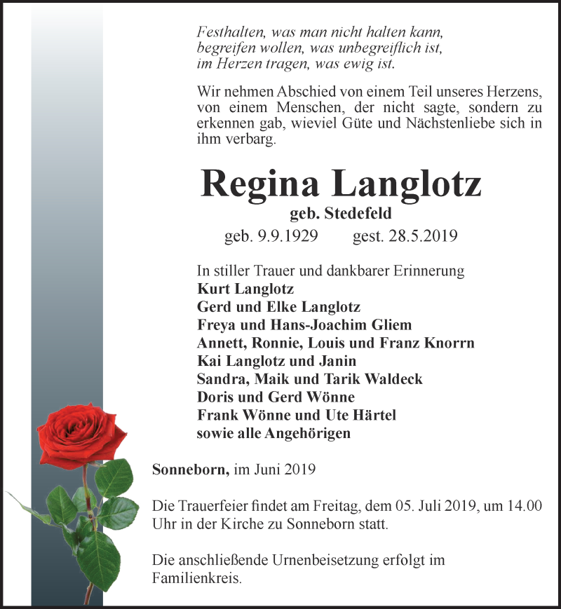  Traueranzeige für Regina Langlotz vom 22.06.2019 aus Ostthüringer Zeitung, Thüringische Landeszeitung