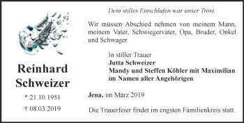 Traueranzeige von Reinhard Schweizer von Ostthüringer Zeitung, Thüringische Landeszeitung