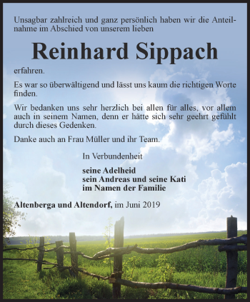 Traueranzeige von Reinhard Sippach von Ostthüringer Zeitung, Thüringische Landeszeitung