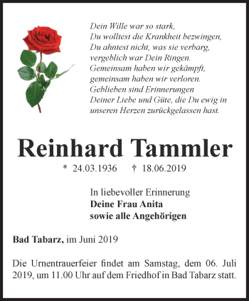 Traueranzeige von Reinhard Tammler von Ostthüringer Zeitung, Thüringische Landeszeitung