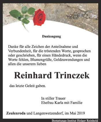 Traueranzeige von Reinhard Trinczek von Ostthüringer Zeitung