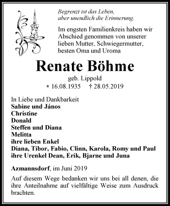 Traueranzeige von Renate Böhme von Thüringer Allgemeine, Thüringische Landeszeitung