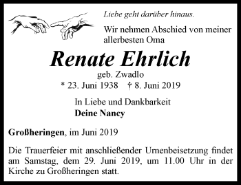 Traueranzeige von Renate Ehrlich von Thüringer Allgemeine, Thüringische Landeszeitung