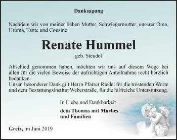 Traueranzeige von Renate Hummel von Ostthüringer Zeitung