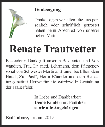 Traueranzeige von Renate Trautvetter von Ostthüringer Zeitung, Thüringische Landeszeitung