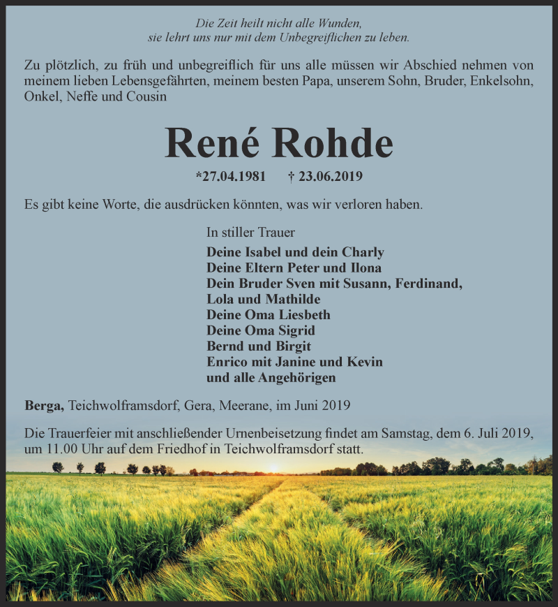  Traueranzeige für Rene Rohde vom 28.06.2019 aus Ostthüringer Zeitung