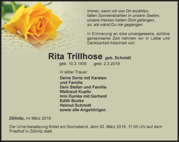 Traueranzeige von Rita Trillhose von Ostthüringer Zeitung, Thüringische Landeszeitung