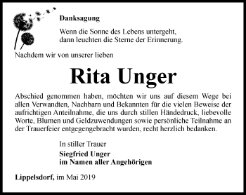 Traueranzeige von Rita Unger von Ostthüringer Zeitung