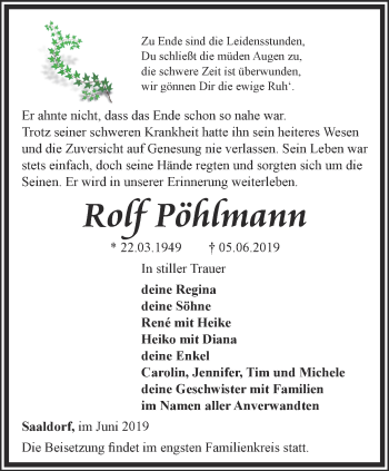 Traueranzeige von Roff Pöhlmann von Ostthüringer Zeitung