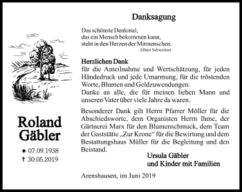 Traueranzeige von Roland Gäbler von Thüringer Allgemeine