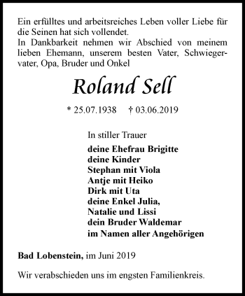 Traueranzeige von Roland Sell von Ostthüringer Zeitung