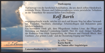 Traueranzeige von Rolf Barth von Ostthüringer Zeitung