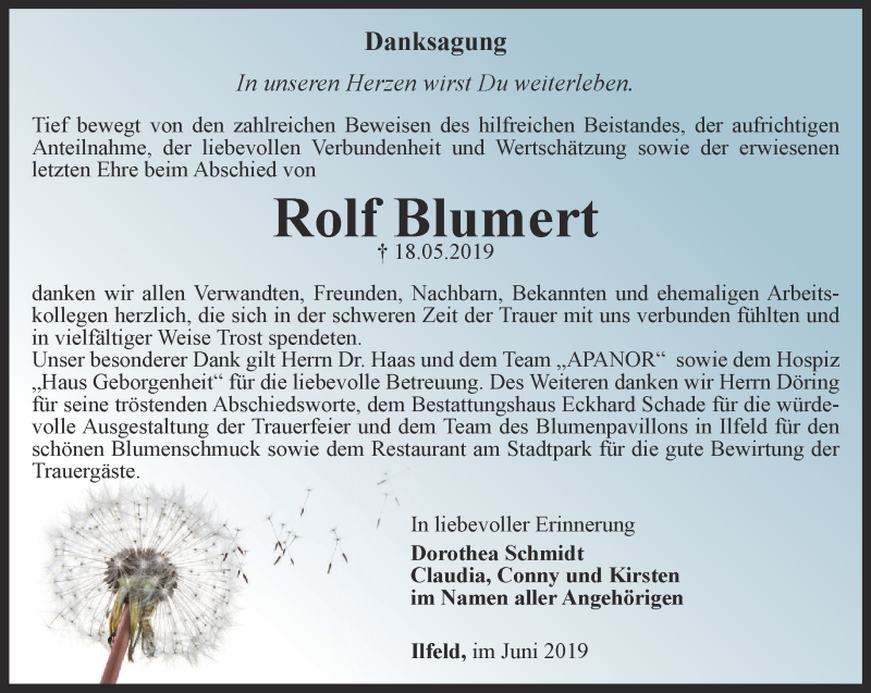  Traueranzeige für Rolf Blumert vom 15.06.2019 aus Thüringer Allgemeine
