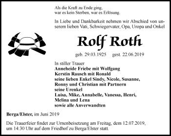 Traueranzeige von Rolf Roth von Ostthüringer Zeitung