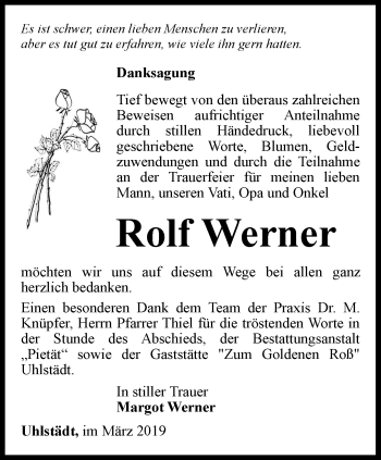 Traueranzeige von Rolf Werner von Ostthüringer Zeitung