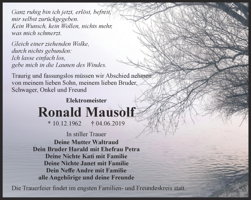  Traueranzeige für Ronald Mausolf vom 14.06.2019 aus Thüringer Allgemeine, Thüringische Landeszeitung