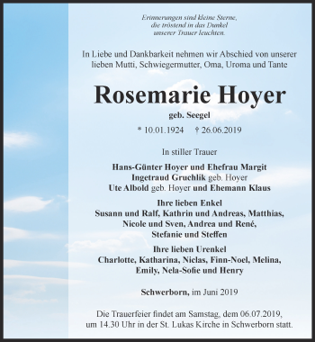 Traueranzeige von Rosemarie Hoyer von Thüringer Allgemeine, Thüringische Landeszeitung