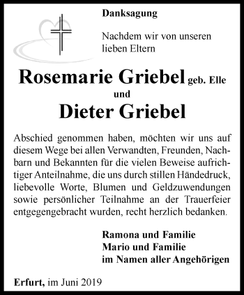 Traueranzeige von Rosemarie und Dieter Griebel von Thüringer Allgemeine, Thüringische Landeszeitung