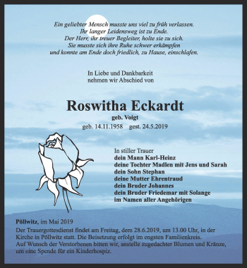 Traueranzeige von Roswitha Eckardt von Ostthüringer Zeitung