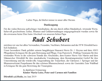 Traueranzeige von Rudi Schubert von Ostthüringer Zeitung