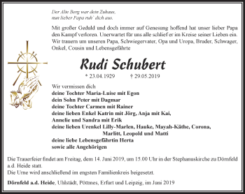 Traueranzeige von Rudi Schubert von Ostthüringer Zeitung