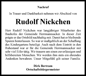 Traueranzeige von Rudolf Nickchen von Thüringer Allgemeine