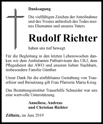 Traueranzeige von Rudolf Richter von Ostthüringer Zeitung, Thüringische Landeszeitung