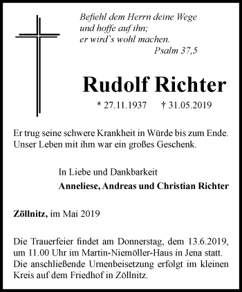 Traueranzeige von Rudolf Richter von Ostthüringer Zeitung, Thüringische Landeszeitung