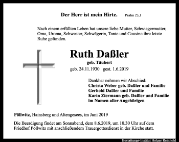 Traueranzeige von Ruth Daßler von Ostthüringer Zeitung