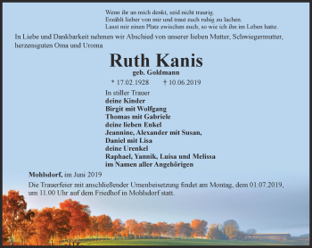 Traueranzeige von Ruth Kanis von Ostthüringer Zeitung