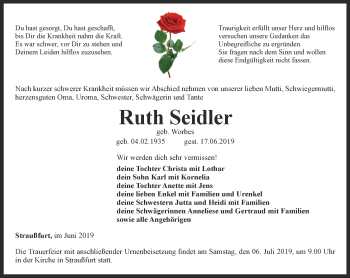 Traueranzeige von Ruth Seidler von Thüringer Allgemeine