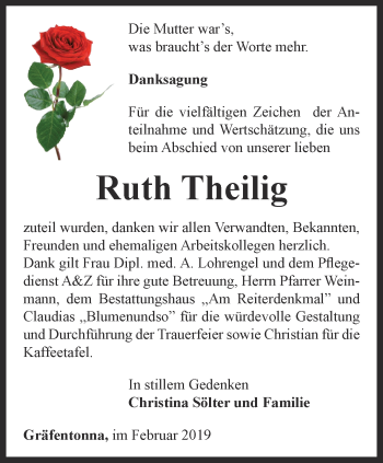 Traueranzeige von Ruth Theilig von Thüringer Allgemeine, Thüringische Landeszeitung