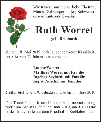 Traueranzeige von Ruth Worret von Ostthüringer Zeitung, Thüringische Landeszeitung