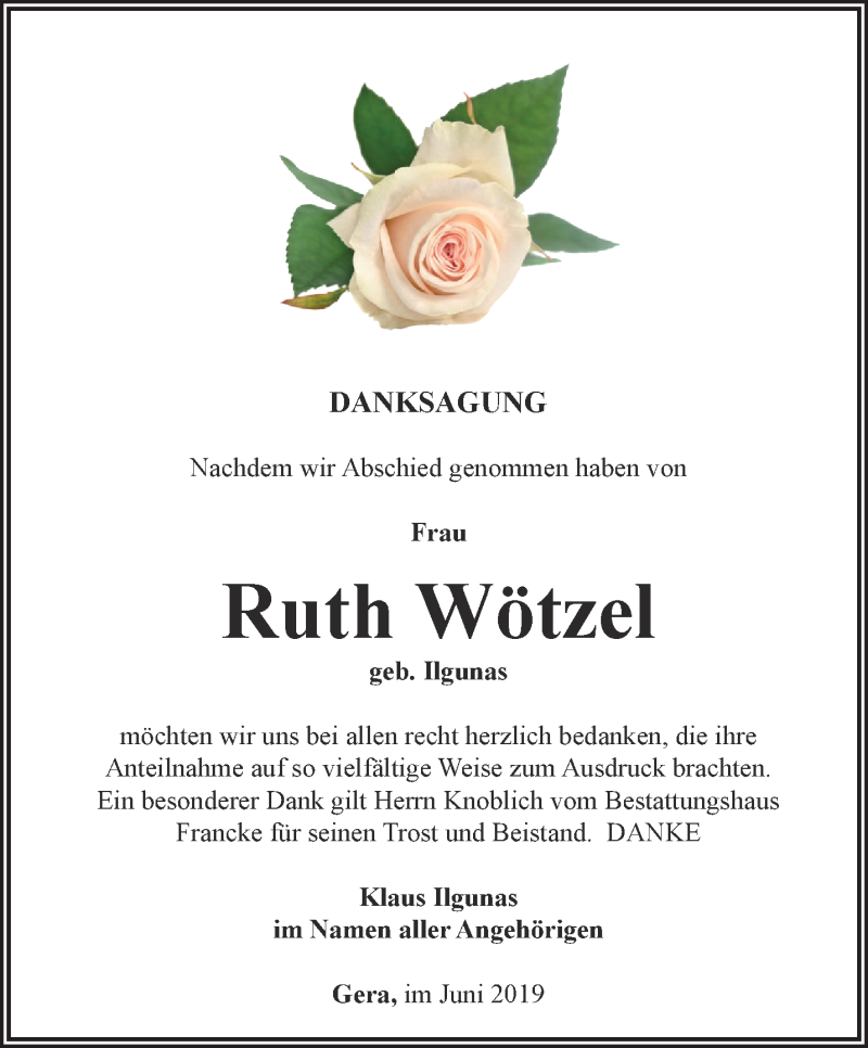  Traueranzeige für Ruth Wötzel vom 01.06.2019 aus Ostthüringer Zeitung