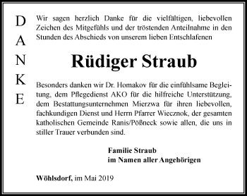 Traueranzeige von Rüdiger Straub von Ostthüringer Zeitung