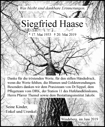 Traueranzeige von Siegfried Haase von Thüringer Allgemeine, Thüringische Landeszeitung