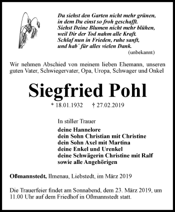 Traueranzeige von Siegfried Pohl von Thüringer Allgemeine, Thüringische Landeszeitung