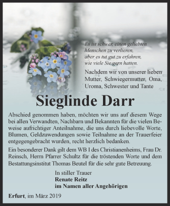 Traueranzeige von Sieglinde Darr von Thüringer Allgemeine, Thüringische Landeszeitung