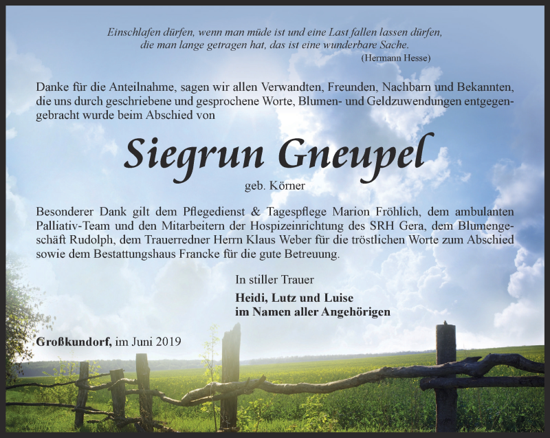  Traueranzeige für Siegrun Gneupel vom 21.06.2019 aus Ostthüringer Zeitung