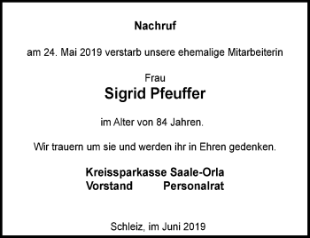 Traueranzeige von Sigrid Pfeuffer von Ostthüringer Zeitung