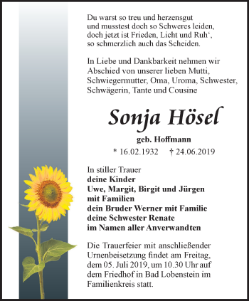 Traueranzeige von Sonja Hösel von Ostthüringer Zeitung