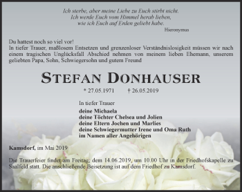 Traueranzeige von Stefan Donhauser von Ostthüringer Zeitung