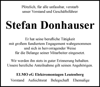 Traueranzeige von Stefan Donhauser von Ostthüringer Zeitung