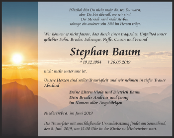 Traueranzeige von Stephan Baum von Thüringer Allgemeine, Thüringische Landeszeitung