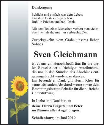 Traueranzeige von Sven Gleichmann von Thüringer Allgemeine